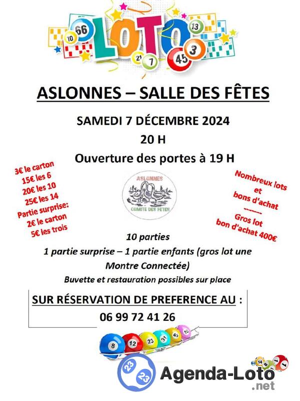 Aslonnes Loto organise par le Comité fêtes salle des fêtes