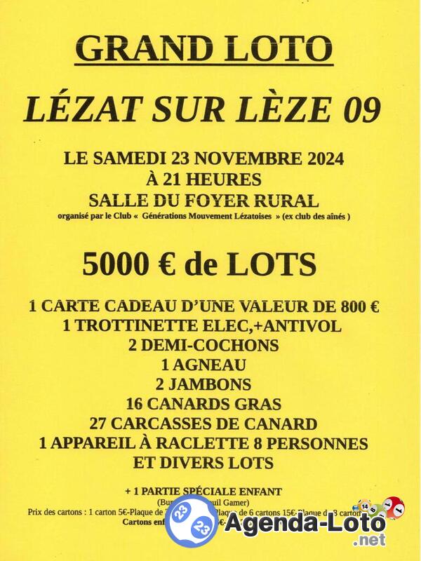 Grand Loto à LEZAT SUR LEZE 09210 à 21 h