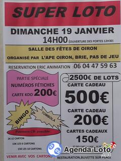 Photo du loto Loto l'APE Oiron, Brie, Pas de Jeu SALLE DES FÊTES DE OIRON