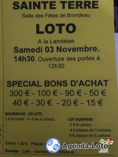 Photo du loto Loto quine Sainte Terre Dimanche 3 novembre 2024