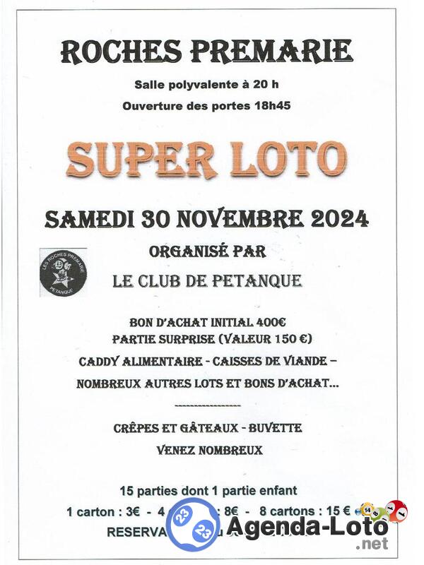 Super loto du club de petanque des roches samedi 30 novembre