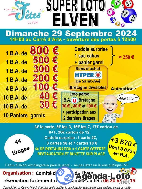 Super loto du Comité des Fêtes d'Elven anim Gégé loto