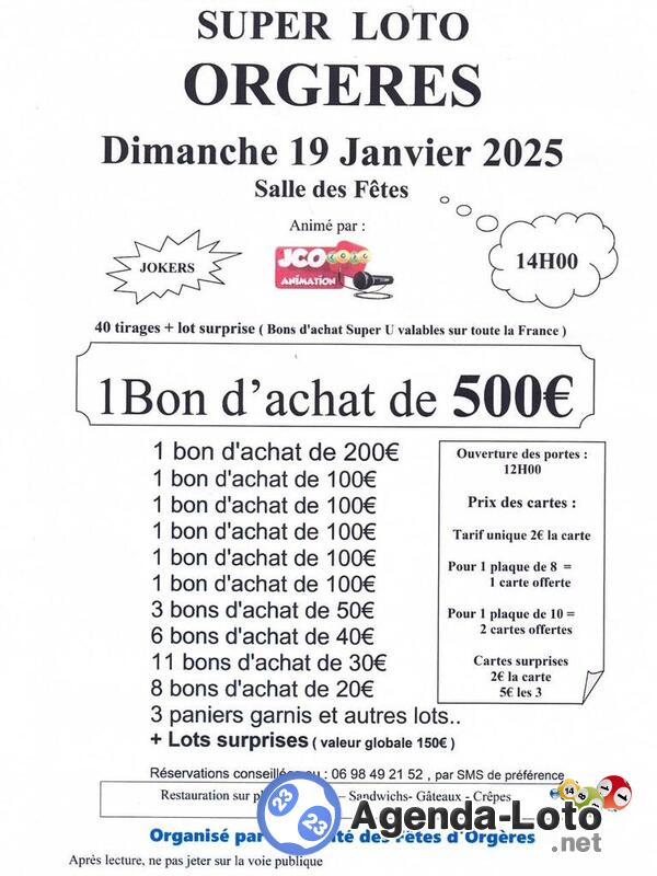 Super loto du Comité des Fêtes d' Orgères avec JCO