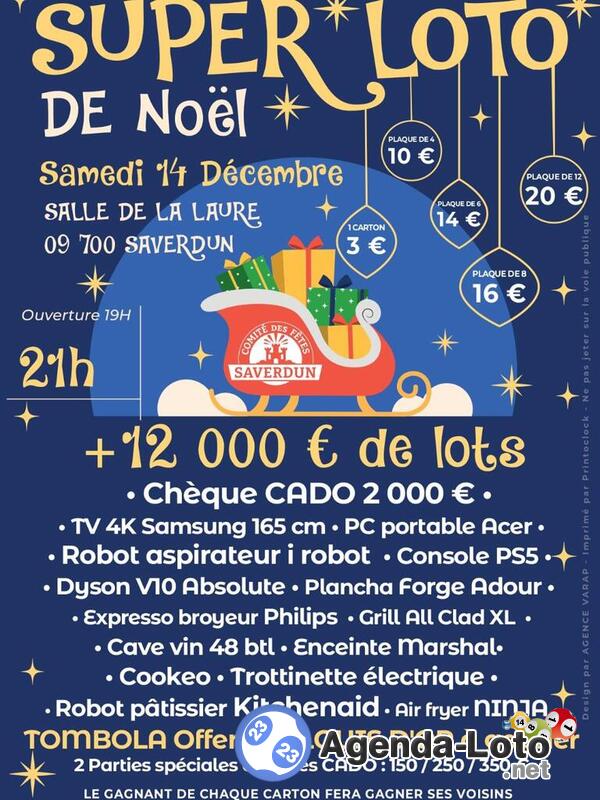 SUPER LOTO de NOEL. Plus de 12 000 euros de lots. SAVERDUN.