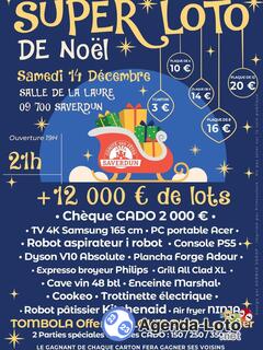 Photo du loto SUPER LOTO de NOEL. Plus de 12 000 euros de lots. SAVERDUN.